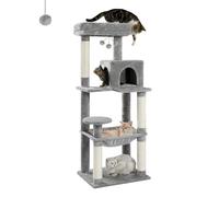 PAWZ Road 143cm Cat Tree for Indoor Cats with Metal Frame Large Hammock, 56.3 Inches Big Cat Tower with Scratching Posts and Top Perch, 4.7ft Multi-Level Activity Center with Replaceable Pompon, Grey