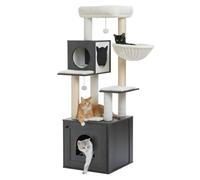 PAWZ Road 146cm Cat Tree with Litter Box Enclosure Large and Sisal Scratching Post, 57.5" Wood Cat Tower for Indoor Cats with Storage Cabinet, Cozy Condo and Repalcable Dangling Balls, Black