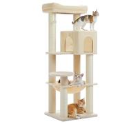 PAWZ Road 147cm Big Cat Tree, Cat Tower with Large Hammock for Indoor Cats | Cat Tree with Thickened Scratching Posts (φ3.7in) for Big Adult Cats 30 lbs, Metal Frame Large Hammock and Condo, Beige