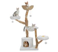 PAWZ Road 150cm Cat Tree Tower for Indoor Cats Large Adults with Large Wicker Basket and Hammock, Natural Solid Wood Scratching Post, Modern Cat Furniture Luxury Condo & Dual Flower Perches, White