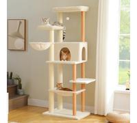 PAWZ Road Large Cat Tree, 186cm Tall Wooden Cat Tower with 2 Spacious Hammocks, 2 Big Top Beds, 8 Fully Scratching Posts and Natural Wood Posts, Modern Climbing Tower for Indoor Cats, Cream White