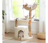 PAWZ Road Modern Cat Tree Tower 102cm with Real Wood and Wicker Basket | 40'' Wood Cat Tree with Natural Solid Wood Scratching Post, Large Metal Hammock and Luxury Condo for Indoor Cats, White