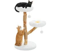 PAWZ Road Wooden Flower Cat Tree, Modern Scratching Post, Natural Wood, Luxurious Boho Cat Tree, Modern Cat Scratching Post with 2 Platforms, Small Scratching Post for Cats, Cloud White