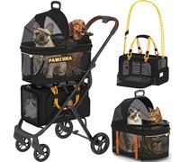 PAWZIDEA Double Pet Stroller, Foldable Cat Pram with 2 Detachable Carriers | Portable Travel Crate & Car Seat Combo & TSA-Approved Expandable Carrier Pet Buggy Pushchair for 2-4 Cats or Small Dogs
