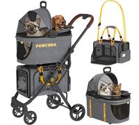 PAWZIDEA Double Pet Stroller with 2 Detachable Carriers, Portable Dog Crate for Car Travel & TSA-Approved Expandable Cat Carrier, Foldable Lightweight Jogger Stroller for 2-4 Cats or Small/Medium Dogs