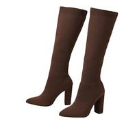 PAXAS Fashion Slim Fit Knee High Sock Boots Women's Black Stretch Fabric Pointed Toe Square Heel Casual Slip On Shoes Boots-Brown,41