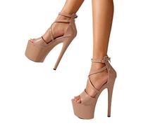 PAXAS Sexy Super High Heel Platform Pole Dancing Strippers Fashion Open Toe Buckle Strap Sandals Summer Zipper Women's Pumps-Apricot,41