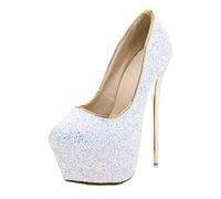 PAXAS Women's High Heels Extreme Sexy High Heel Platform Fashion Shiny Sequin Cloth Round Toe Ladies Wedding Shoes-White,42