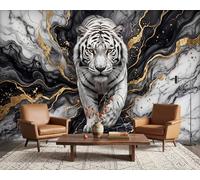 PaxGloz 3D Effect White Tiger Photo Wallpaper, Black and Gold Marble Wall Mural for Living Room & Bedroom, Non-Woven Decorative Wall Art 368x254 cm