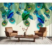 PaxGloz 3D Peacock Feather and Green Leaf Photo Wallpaper, Modern Botanical Nature Wall Mural for Living Room & Bedroom, Non-Woven Decorative Wall Art 100x70 cm