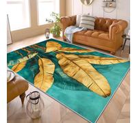 PaxGloz Banana Leaf Rug - Teal and Gold Tropical Rug, Jungle Leaf Area Rugs for Living Room Bedroom, Washable Non Slip Soft Small Carpet, Tropical Botanical Patterned Rugs & Home Decor 60x90 cm