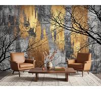 PaxGloz Concrete Effect Abstract Grey and Gold Photo Wallpaper, Black Tree Branches Wall Mural for Living Room & Bedroom, Non-Woven Decorative Wall Art 450x315 cm