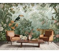 PaxGloz Green Vintage Tropical Jungle Wall Mural, Rainforest Toucan Leopard Botanical Exotic Wallpaper for Living Room & Bedroom, Non-Woven Decorative Wall Art 416x254 cm