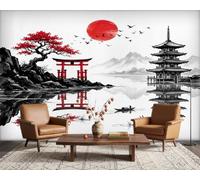 PaxGloz Oriental Landscape Asian Wallpaper, Japanese Pagoda Torii Gate Wall Mural for Living Room & Bedroom, Non-Woven Decorative Wall Art 150x105 cm
