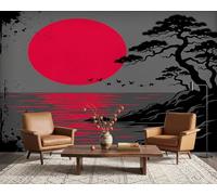 PaxGloz Oriental Landscape Photo Wallpaper, Asian Red Black and Grey Minimalist Japanese Wall Mural for Living Room & Bedroom, Non-Woven Decorative Wall Art 368x254 cm