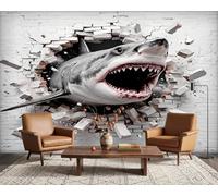 PaxGloz Shark Wallpaper, 3D Brick Wall Mural for Living Room & Bedroom, Non-Woven Decorative Wall Art 500x280 cm