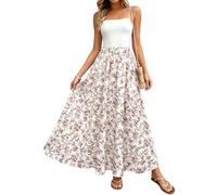 Paxory Summer Maxi Skirts for Women, Elasticated High Waist Boho Flowy Skirts, Casual Summer A-Line Long Skirt for Beach Holiday Shopping Daily Wear White