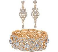 Paxuan Womens Rhinestone Crystal Wedding Bridal Bridesmaid Tennis Bangles Statement Elastic Stretch Bracelets Rhinestone Chandelier Wedding Bridal Drop Dangle Earrings Jewelry Sets, 6'' / 7'' / 8