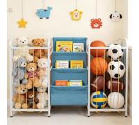 Pay Extra Tenderness Kids Dual-Side Toy Storage Organiser & 3-Tier Bookshelf - Montessori Toddler Organiser with Divided Left and Right Toy Bins & Bookcase for Nursery, Playroom (White & Blue)