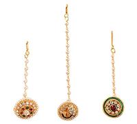 Payal Jewellers Traditional Stylish Rajasthani Gold Plated BOR Maang Tikka | Head Chain | Studded Multi-Color | Borla in Minakari and Kundan for Women and Girls Pack of 3, Freesize, Pearl, No Gemstone