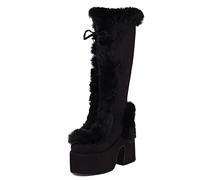 PAYDVOIER Women's Block Chunky High Heels Boots - Punk Goth Warm Fur Winter Snow Platform Mid Top Moto Classic Tall Ii Black Size 45