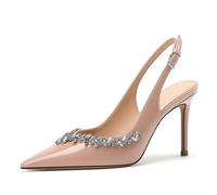 PAYDVOIER Women's Slingback Stiletto Heels Pumps Pointed Closed Toe Dress Pumps Adjustable Strap Wedding Bride Rhinestone Pumps Office Work Shoes Slip-On Prom Party Multi Heel Heights Apricot Size 37