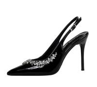 PAYDVOIER Women's Slingback Stiletto Heels Pumps Pointed Closed Toe Dress Pumps Adjustable Strap Wedding Bride Rhinestone Pumps Office Work Shoes Slip-On Prom Party Multi Heel Heights Black Size 43
