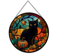 Payutou Black Cat Pattern Suncatcher Stained Glass,Hanging Stained Glass for Windows for Cat Lovers,20cm/7.87inch Hand-Painted Sun Catcher Garden Hangings Halloween Fall Christmas Decor for Home