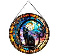 Payutou Black Cat Stained Glass Panels,Stained Glass for Windows for Cat Lovers,20cm/7.87inch Painted Glass Panels Garden Hangings Halloween Fall Christmas Decor for Home