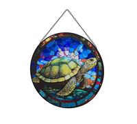 Payutou Hanging Stained Glass for Windows,20cm/7.87 inch Turtle Hand-Painted Glass Panel Window Hanging Suncatchers Christmas Ornaments Home Courtyard Decor,Housewarming Gift (Style A)