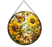 Payutou Sunflower Hanging Stained Glass for Windows,20cm/7.87inch Hand-Painted Sun Catcher Garden Hangings Christmas Mother's Day, Valentine's Day Ornaments Festival Gift
