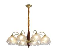 PAZWAHF Vintage Style Chandelier with Solid Brass and Walnut Wood Construction,Glass Shade for Soft,Non-Glare Lighting in Living Room, Dining Room, Bedroom