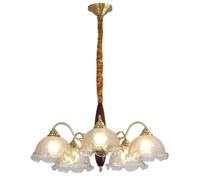 PAZWAHF Vintage Style Chandelier with Solid Brass and Walnut Wood Construction,Glass Shade for Soft,Non-Glare Lighting in Living Room, Dining Room, Bedroom