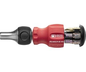 PB Swiss Tools Ratchet Screwdriver PB 8453.R-30 V01 | 100% Swiss Made | Stubby bit Holder Screwdriver with 6 Precision Bits (C6 Slotted / Cross / Hex Socket and Magnetic Holder)