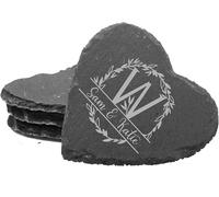 PB TECH Custom Engraved Slate Stone Drink Coasters Set of 4 -Personalised Coaster Stylish Initial with Name, Customised Gift for Birthday, Christmas Day for Mom, Dad, Kids, Friends or Girl (Heart)
