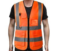PB TECH Hi Vis Zipper Front High Visibility Reflective Vest Hi Vis Executive Jacket Vest Waistcoat ID & Multiple Pockets (Orange, L)