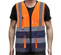 PB TECH Hi Vis Zipper Front High Visibility Reflective Vest Hi Vis Executive Jacket Vest Waistcoat ID & Multiple Pockets (Orange & Navy, S)
