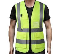 PB TECH Hi Vis Zipper Front High Visibility Reflective Vest Hi Vis Executive Jacket Vest Waistcoat ID & Multiple Pockets (Yellow, XL)