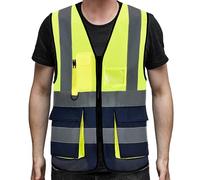 PB TECH Hi Vis Zipper Front High Visibility Reflective Vest Hi Vis Executive Jacket Vest Waistcoat ID & Multiple Pockets (Yellow & Navy, XL)