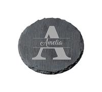 PB TECH Personalised Engraved Round Slate Coaster, Personalised Floral Coaster Stylish Initial with Name, Customised Gift for Valentine’s, Birthday, Christmas Day for Mom, Dad, Kids, Friends or Girl