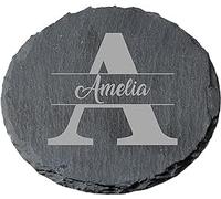 PB TECH Personalised Engraved Square Slate Coaster, Personalised Coaster Stylish Initial with Name, Customised Gift for Birthday, Christmas Day for Mom, Dad, Kids, Friends or Girl (ROUND)