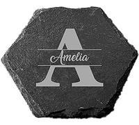 PB TECH Personalised Engraved Square Slate Coaster, Personalised Coaster Stylish Initial with Name, Customised Gift for Birthday, Christmas Day for Mom, Dad, Kids, Friends or Girl (HEXAGON)