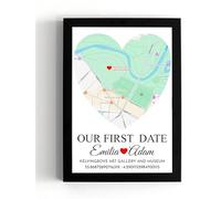 PB TECH Personalised Heart Shape Map Print with Frame - Custom Location Map Poster Wall Art, Couples First Date Gift, Anniversary Wedding Valentine Present, Names & Date A5, A4, A3 Unique Gift