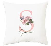 PB TECH Personalised Pillow Cushion Cover, Customise Name And floral Initial Cushion Cover 40x40CM Custom Gift For Her Him Couple Friend Christmas Birthday Anniversary (Single-sided Print+filling)