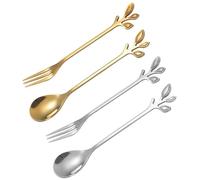 PBENO Spoon 4 Pieces Stainless Steel Spoon Fork Set Stainless Steel Leaf Coffee Spoon Tea Spoon Cake Fruit Fork Spoon Set Dishwasher Safe