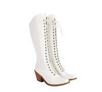 PBHGMGEBLV PU Long Boots Slope Heel Pointed Knee Length Fashion High Square Toe Western Cowboy Cross Strap Knight For Women(White,5UK)