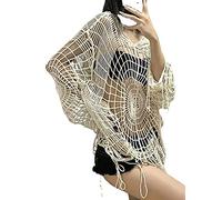 Pbkabiug Fairy Grunge Clothes Y2k Clothes Y2k Spider Web Hollow Hole Design Spice Girl Hooded Pullover Knit Top Sweater Women, Beige, Large