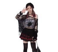 Pbkabiug Fairy Grunge Clothes Y2k Clothes Y2k Spider Web Hollow Hole Design Spice Girl Hooded Pullover Knit Top Sweater Women, Black, Medium