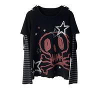 Pbkabiug Y2K Tshirt Long Sleeve Faux Two Piece Harajuku Loose Punk Tees Casual Rock Emo Grunge Aesthetic Tops, Black, M