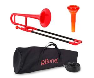 pBone Mini Plastic Trombone with Mouthpiece and Carry Bag Kids Beginner Children - Red